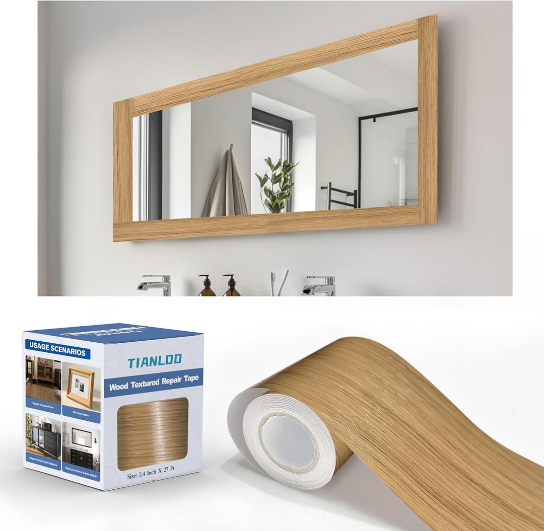 TIANLDD 27 FT Wood Grain Wallpaper Border, Removable Waterproof Mirror Border Peel and Stick,Bathroom Mirror Frame Border.(Natural Oak) (3.15 Inch x 27 Ft)