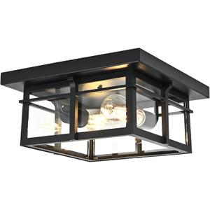Farmhouse Ceiling Light Fixture Black 2-Light with Clear Glass, Square Flush Mount Ceiling Light for Hallway Kitchen Bedroom Porch