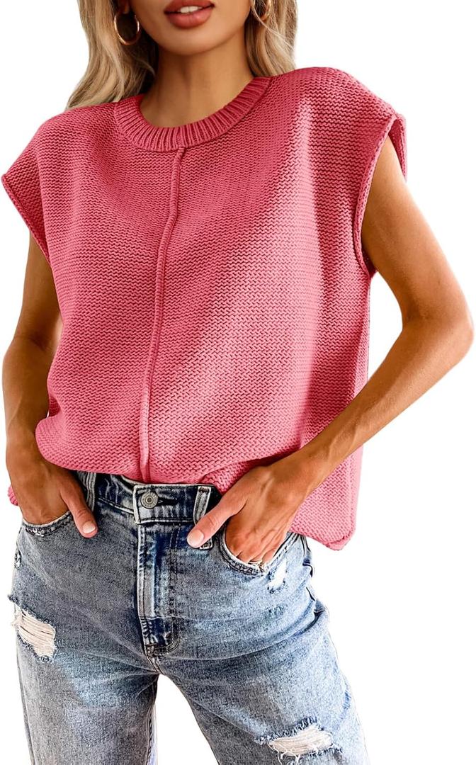 Saodimallsu Womens Summer Cap Sleeve Tops Casual Crew Neck Loose Fit Knit Lightweight Sweater Pullover Top (Small, Watermelon Red)