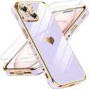 LeYi for iPhone 15 Case: with Tempered Glass Screen Protector [2 Pcs]+ Full Camera Lens Protection,Love Heart Plating Women Cute Luxury Soft TPU Shockproof Case for iPhone 15,White