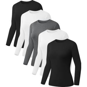 Kinglaman 5 Pack Womens Basic Long Sleeve Shirts Crew Neck Slim-Fit Fitted T Shirts Tops Undershirts Underscrub Baselayer M