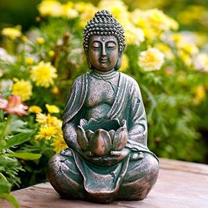 Goodeco Meditation Small Buddha Statue Figurine -Buddha with LED Tea Lights Candle Holder,Gift idea,Zen Home Decor Meditation Accessories,Antique Bronze Look 8"