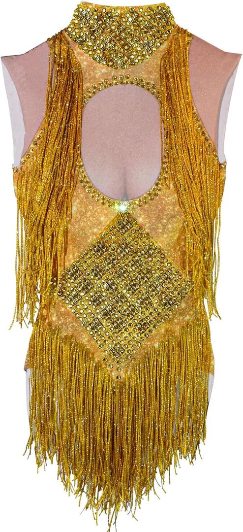 Sparkly Drag Queen Outfit Rhinestone Tassel Bodysuit Nightclub Show Stage Team Stretch Latin Jazz Salsa Dance Costumes , Golden , M