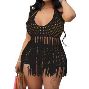 BEAUDRM Women's Plus Size 2 Piece Crochet Swim Cover Up Set Fringe Hem Halter Beach Top and Shorts Coverups Beachwear (XX-Large Plus, Black)