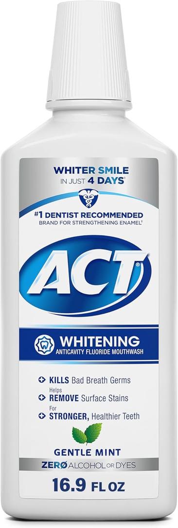 ACT Whitening + Anticavity Fluoride Mouthwash 16.9 fl. oz. With Zero Alcohol, Dye Free, Gentle Mint