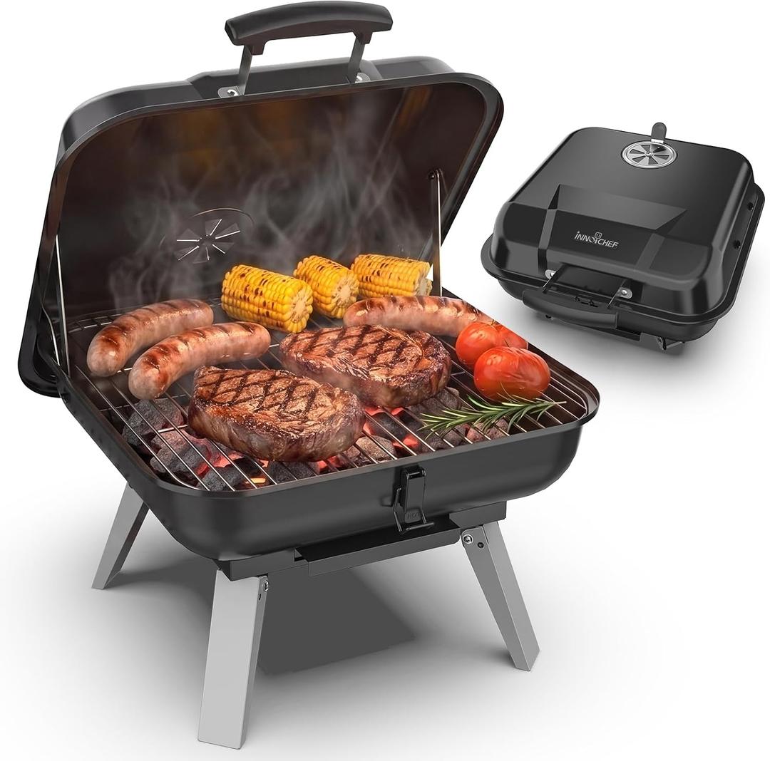 Portable Charcoal Grill, Small Charcoal Grill, Tabletop BBQ Grill, Foldable Camping Grill, Outdoor Grill for Picnic, Tailgating, Travel, Porcelain-Enamel Grates, Adjustable Air Vent