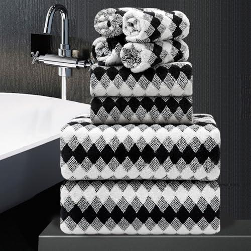 8 Piece Bathroom Towel Set Black White|2 Oversized Large Bath Towels Sheet, 2 Hand Towels, 4 Washcloths| 600GSM Soft Towel Set for Bathroom Hotel, Highly Absorbent Quick Dry Bath Towel Collections
