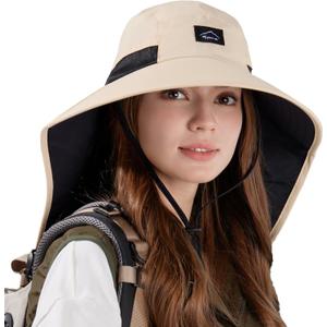 Rosoz Outdoor Sun Hat for Men Women, UPF50+ Protection Safari Cap Wide Brim Mesh Fishing Hat with Neck Flap Beach Garden (1Pack-Beige)