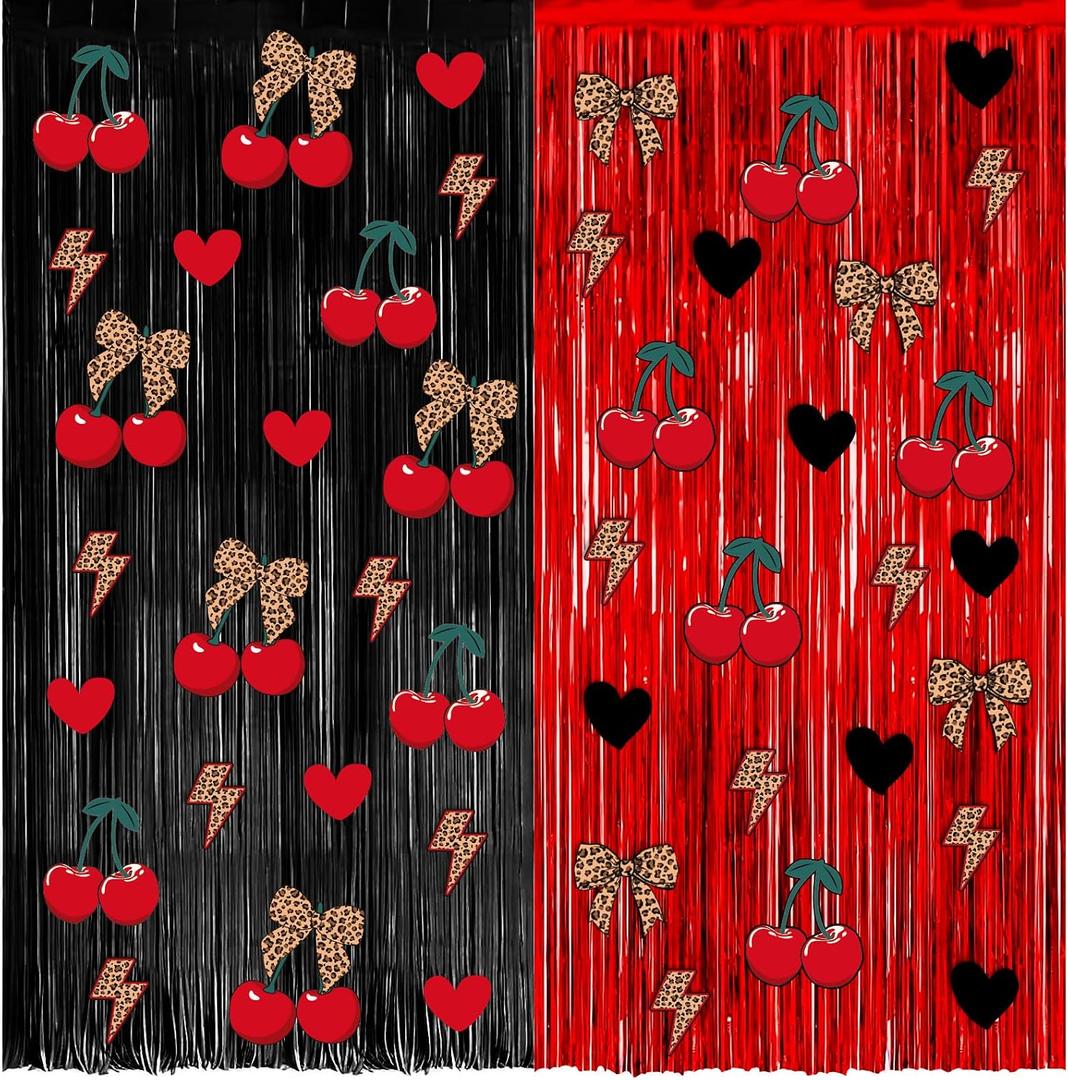 2 x 4 Pack 3.2x8.2ft Cherry Leopard Print Foil Fringe Curtains | Cheetah Print Birthday Party Backdrop Decoration, Photo Props Decor Supplies