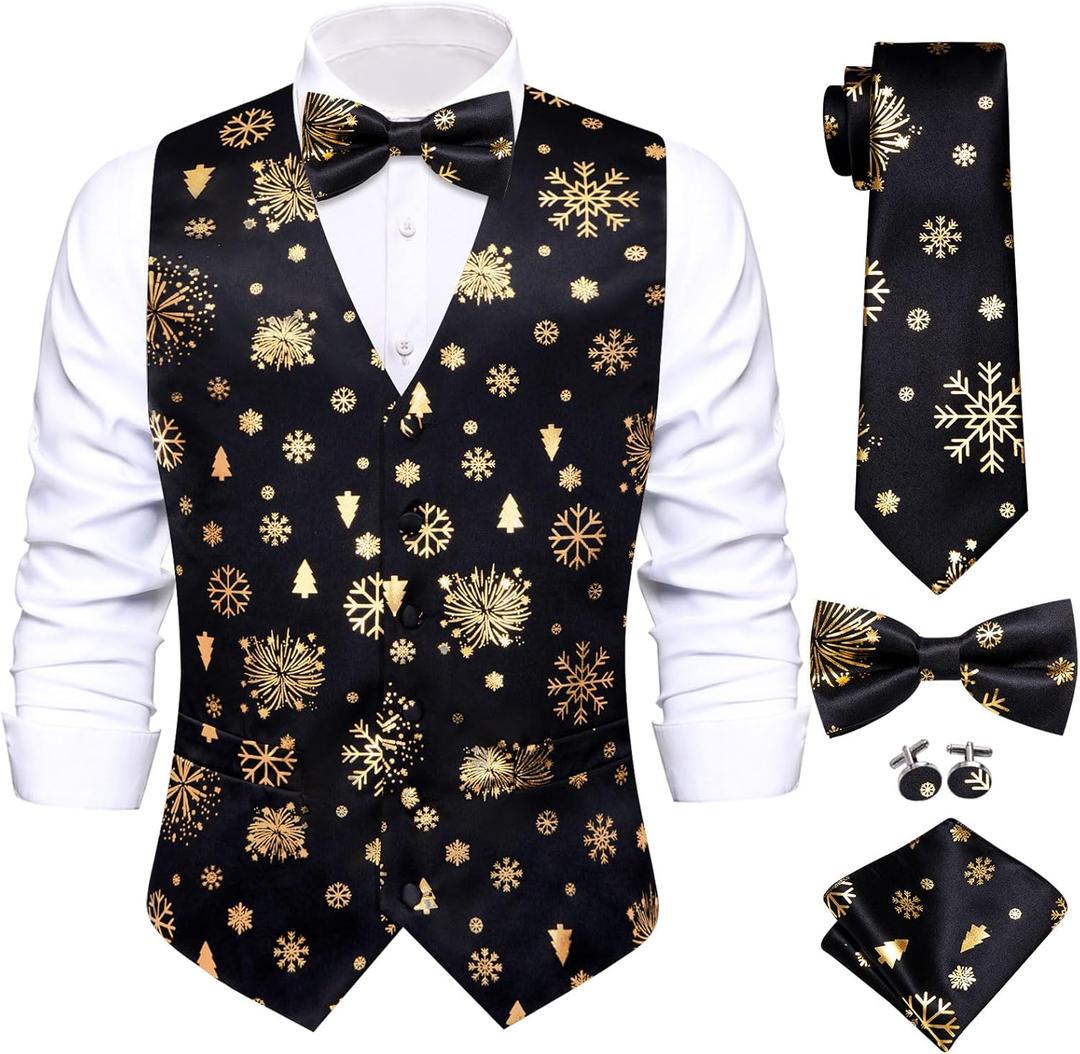 Hi-Tie Suit Vest for Men Christmas Mens Suit Vest Casual 5 PCS V-Neck Vest Tie& Bow Tie Hanky Cufflink Set for Party (XX-Large, Black and Gold)