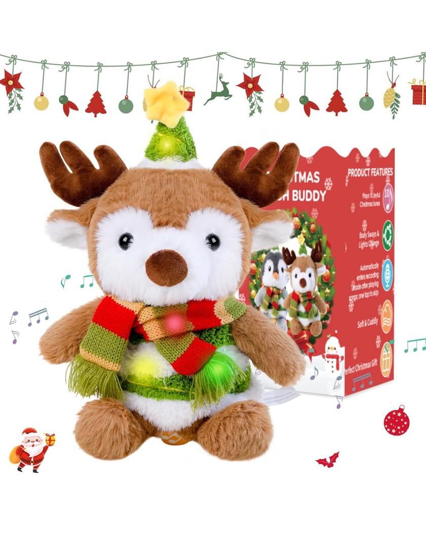 Reindeer Stuffed Animal Dancing Singing Plush with Music Light Voice Mimicking Function for Kids Adults Gifts