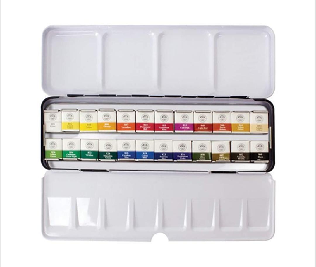 Mungyo Professional Half Pan Size Water Colors Set in Tin Case/Integral Mixing Palette in The lid (24 Colors)