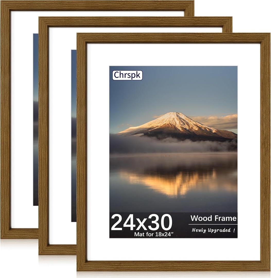 24X30 Poster Frame, Display Pictures 18X24 with Mat or 24X30 Without, Wall Hanging Frames, Rustic Brown, 3 Pack