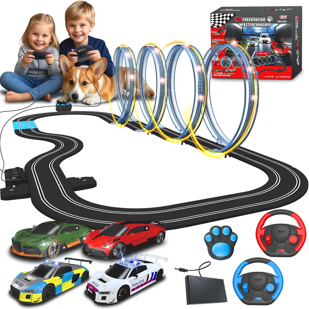 AGM MASTECH 18.7ft Slot Car Race Track Set,4 Official Licensed Light-Up Cars, Steering Wheel&Paw Controllers, Adjustable Speed, 4 Flashing Loop Tracks, Dual Power Modes, for Kids 8+, Family Racing Fun