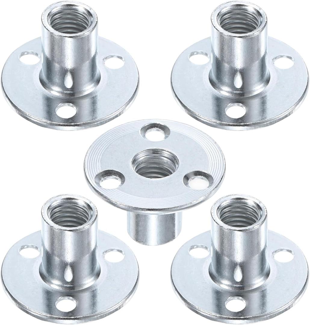 5-Pack M12x25mm T-Nuts Zinc Plated Carbon Steel Tee Nut 3-Hole Round Base Weld Nuts Through Hole Furniture Hardware Flange Insert Female Thread Silver