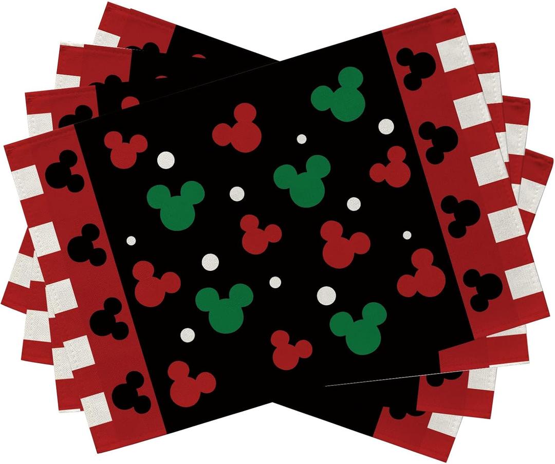 Seliem Christmas Placemats Set of 4, Red Black Green Xmas Polka Dots Table Place Mats, Winter Holiday Seasonal Kitchen Decor Home Decoration 12 x 18 Inch