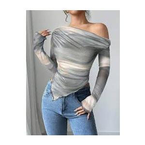Women's Y2K Crop Top Long Sleeve Slim Fit Elegant Stretch Pullover One Off Shoulder Off Shoulder Asymmetric Sexy Tight Tops Long Sleeve T-Shirts Top, S