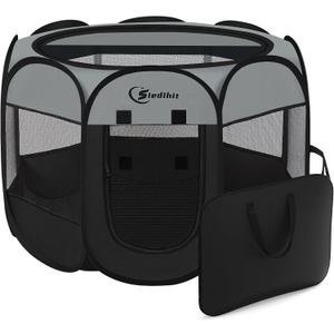Siedihit Dark Grey Puppy Playpen for Large Dog Cat, Dogs Tent Crates Cage Indoor/Outdoor, Portable Pop Up Dog Kennel with Carrying Bag for Rabbits, (Dark Grey, Large)