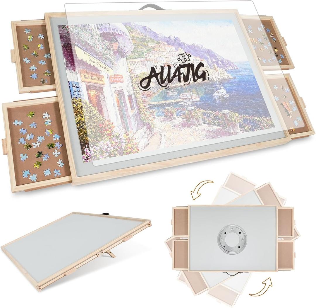 ALL4JIG 2000 Pieces 2-in-1 Tilting & Rotating Puzzle Board for Adults Gifts, Wooden Jigsaw Puzzle Table with 4 Drawers, 28.5" x 40.1" Portable Board with Lazy Susan and Cover (Metal)