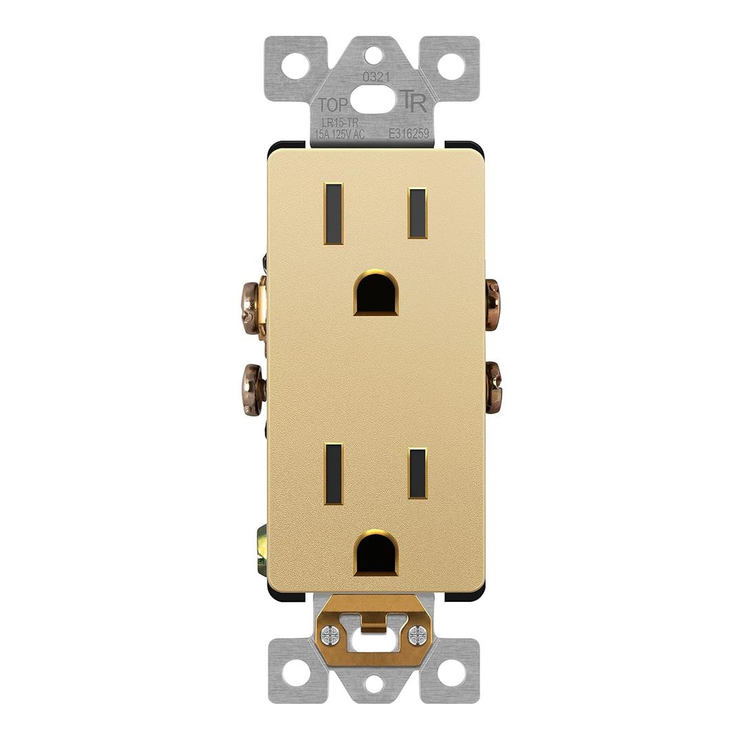 LIDER Matte Finish Decorator Receptacle with Interchangeable Face Cover, Child Safe Tamper-Resistant Wall Outlet, Commercial Grade, Self-Grounding, 15A 125V, UL Listed, LR15-TR-GD, Gold