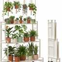 DEANIC Plant Stand, 4-Tier Foldable Plant Shelf with 3 Shelves and Hanging Rod, Rolling Plant Stand with Wheels, Pre-Assembled Flower Pot Stand for Indoor , Sturdy Anti-Tip Plant Rack (White)