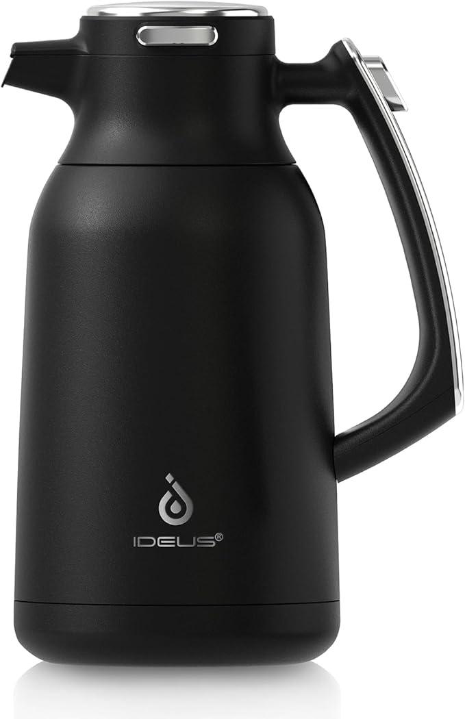 IDEUS Thermal Coffee Carafe 68oz (2,000ml), Stainless Steel Double Wall Insulated Vacuum Flask, Water Jug Coffee Server and Beverage Dispenser, Heat and Cold Retention (BlackSilver, 68oz (2,000ml))
