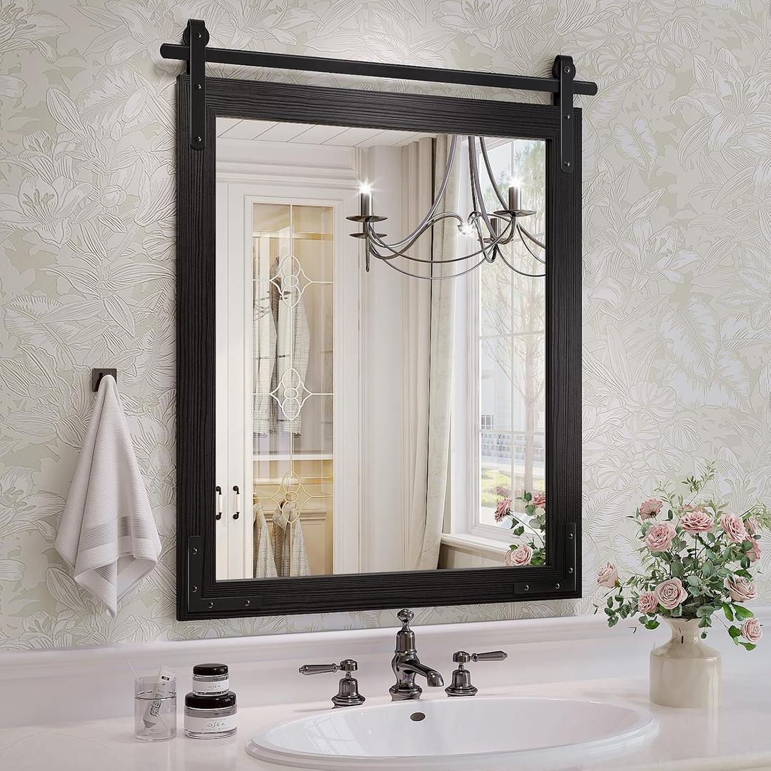 Black Farmhouse Bathroom Mirror, 24x32 Inch Black Vanity Mirror for Wall, Wood Framed Rustic Mirror Rectangular Wall Decor Mirrors for Entryway Living Room Bedroom