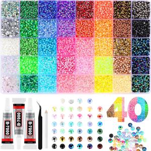 Zefy 40 Colors Resin Jelly Rhinestones for Bedazzling, 3mm 40000 Pcs Flatback Gems for Crafting, Bedazzling Kit with 3Pcs B7000 Glue for Clothing Shoes Nail Book Diamond Art