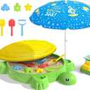 Turtle Sandbox with Lid & Adjustable Sun Umbrella, Sand Pit with Dump Truck, 8PCS Sand Mold and Shovel for Toddler 3-5, Outdoor Indoor Play Sands Activity Sensory Playset Backyard Gift for Boys