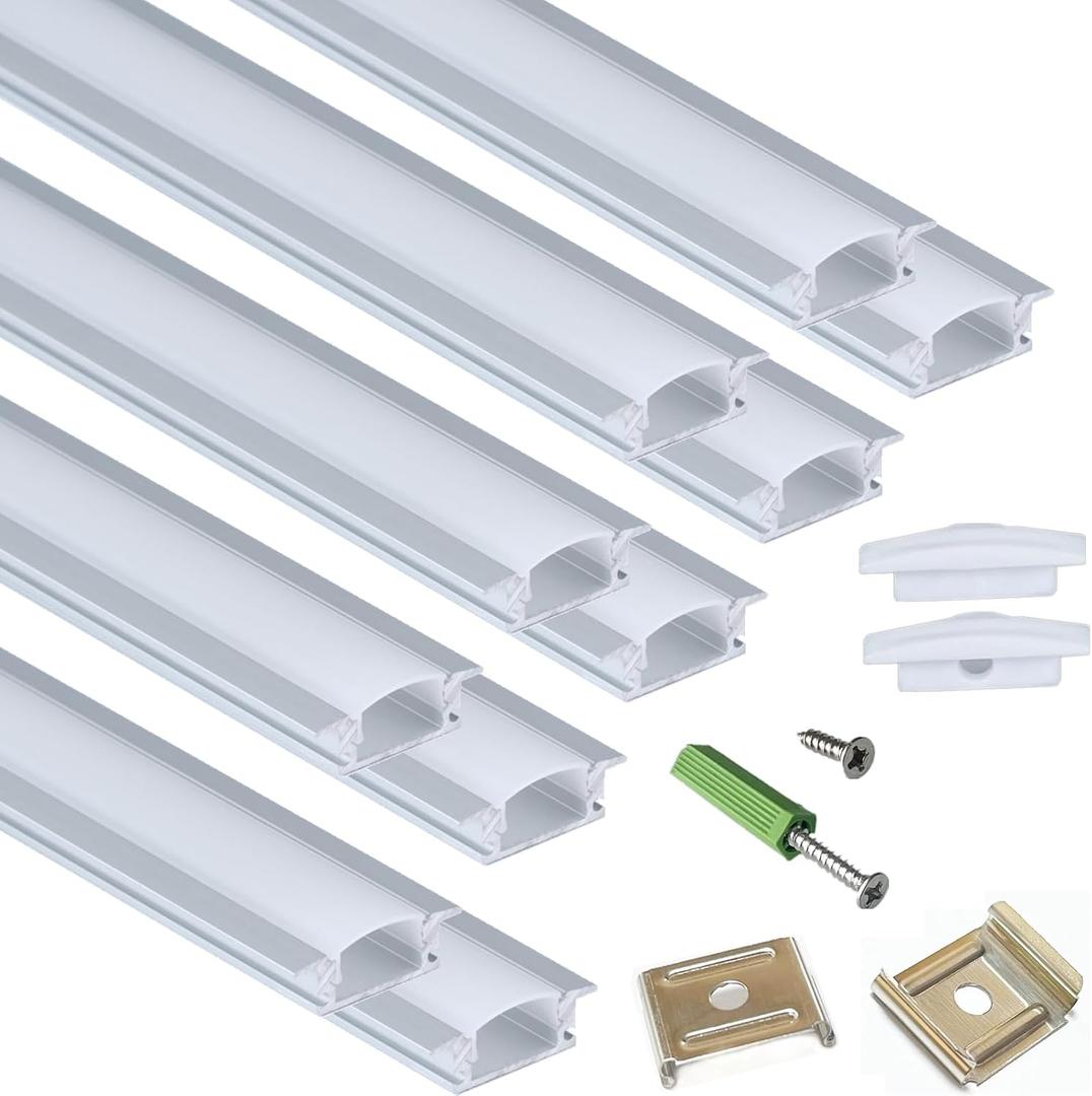 THMOOTHER 10-Pack 3.3FT 1M Recessed LED Strip Channel Diffuser System, 25X7MM Collar Aluminum Low Profile for Standing Cabinet Floating Shelf Alcove Routed Slot Tape Light with Milky Cover and Clips