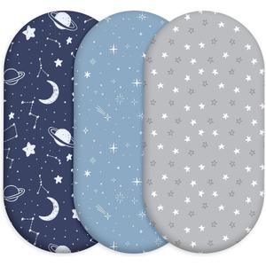Baby Bassinet Sheets 3 Pack, Fitted Cradle Sheets for Boys & Girls, Ultra Soft Breathable 32" x 16", Universal Fit for Rectangle Round Oval Hourglass Mattress (Blue Gray Planet)
