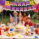 Cartoon Orange Purple Happy Birthday Banner, Pre-Strung Cardstock Birthday Garland with Adjustable Spacing Cute Kids Party Backdrop Decorations & Hanging Supplies