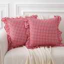 2 Pack Red/White Plaid Ruffle Gingham Throw Pillow Covers, 100% Washed Cotton Christmas Decorative Buffalo Checkered Farmhouse Pillow Shams - 18''x18''