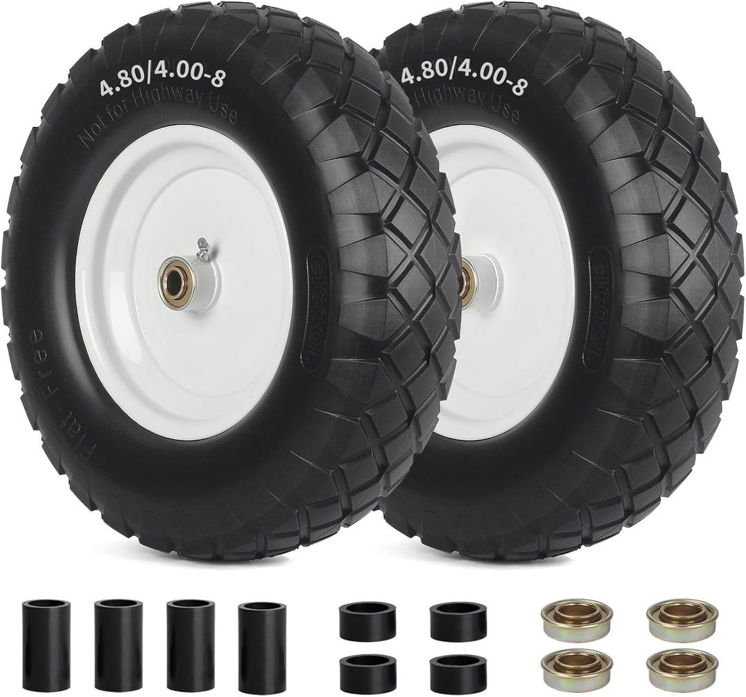 4.80/4.00-8" Wheelbarrow Tire, 16" Flat-Free Solid Tire and Wheel, 3" Centered Hub, 5/8" Axle Bore Hole, for Garden Wagon Cart Trolley Dolly Lawn Mover Go Kart Replacement (2 Pack)