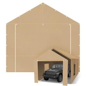 Wesnoy 10 x 20 ft Carport Front Panel Tarp Khaki Canopy Shelter Replacement Cover with Opening Door Drill Holes on Both Sides Car Canopy Tent for Truck, Car, Boat