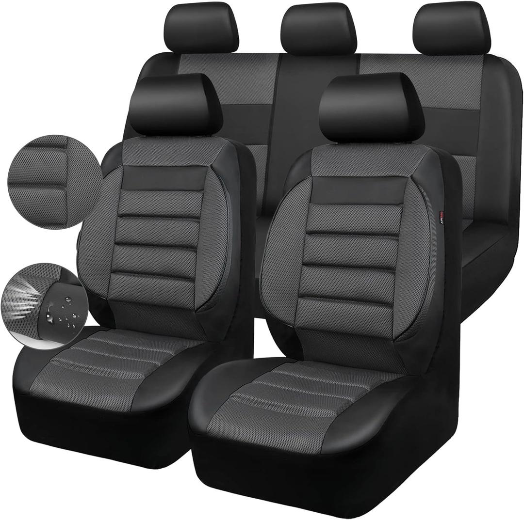 CAR PASS Leather 3D Foam Back Support Car Seat Covers Full Set Air Mesh Automotive Seat Covers, All Season Car Seat Cover Fit Automotive,SUV,Sedan,Van, Airbag Compatible Elegance (Black Charcoal Gray)