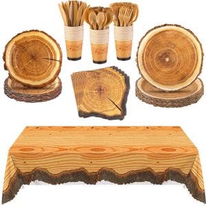 Kochorie 129 Pieces Rustic Wood Slice Paper Party Supplies for 16 Guests Disposable Plates Cups Napkins Utensils Wood Grain Plastic Tablecloth for Fall Birthday Autumn Camping Party Decorations