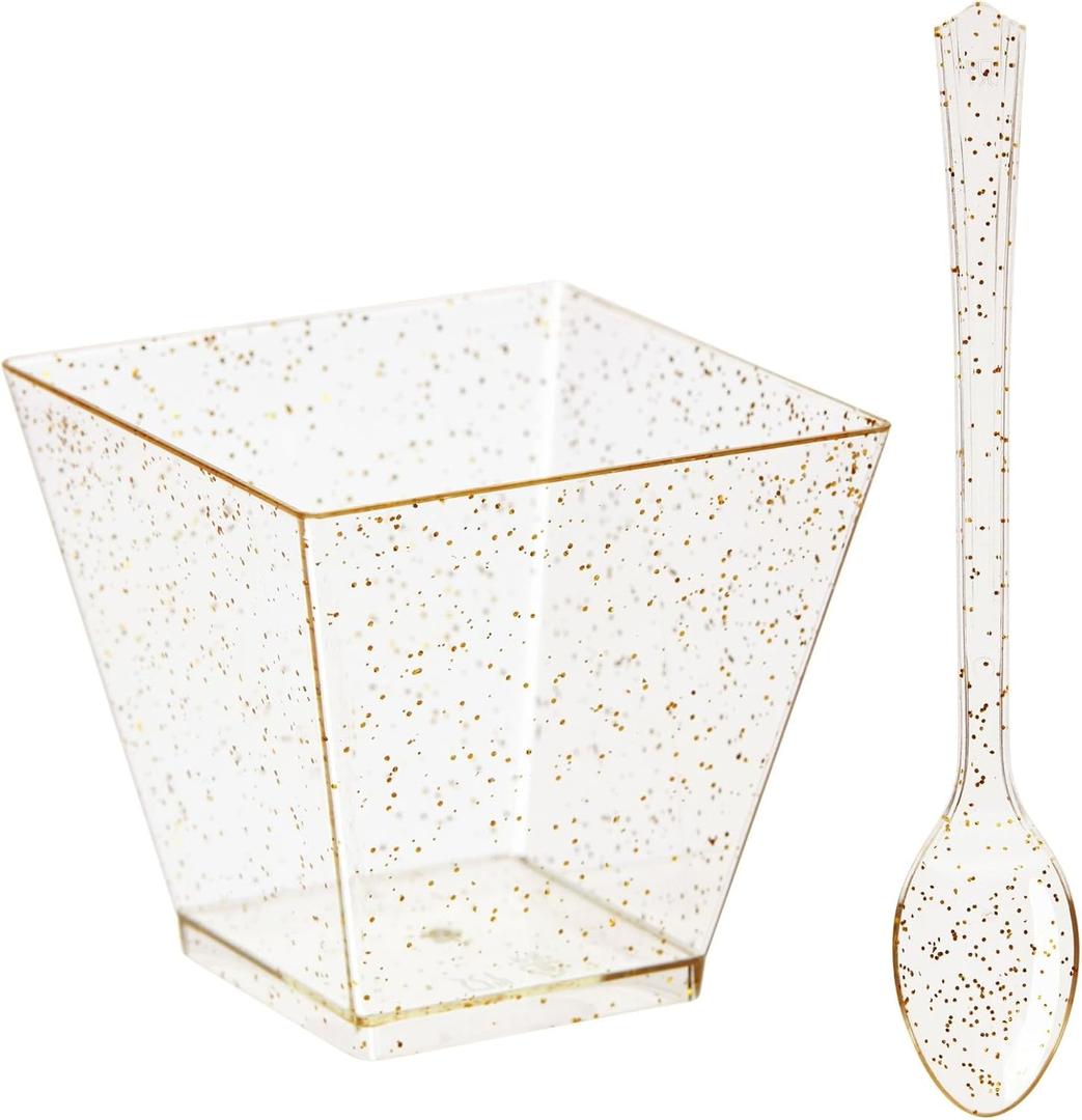 BLUE PANDA 200 Pack Gold Glitter Square Dessert Cups with Spoons, 100 Disposable Mini Dessert Shooter Cups with 100 Spoons for Party Events, Appetizers, Tasting Party, Snacks, Parfait (2 oz)