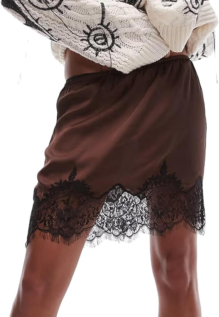 Women Lace Trim Silk Mini Skirt Y2k Lacy Satin A Line Half Silp Short Skirt Cute High Waist Underskirt L