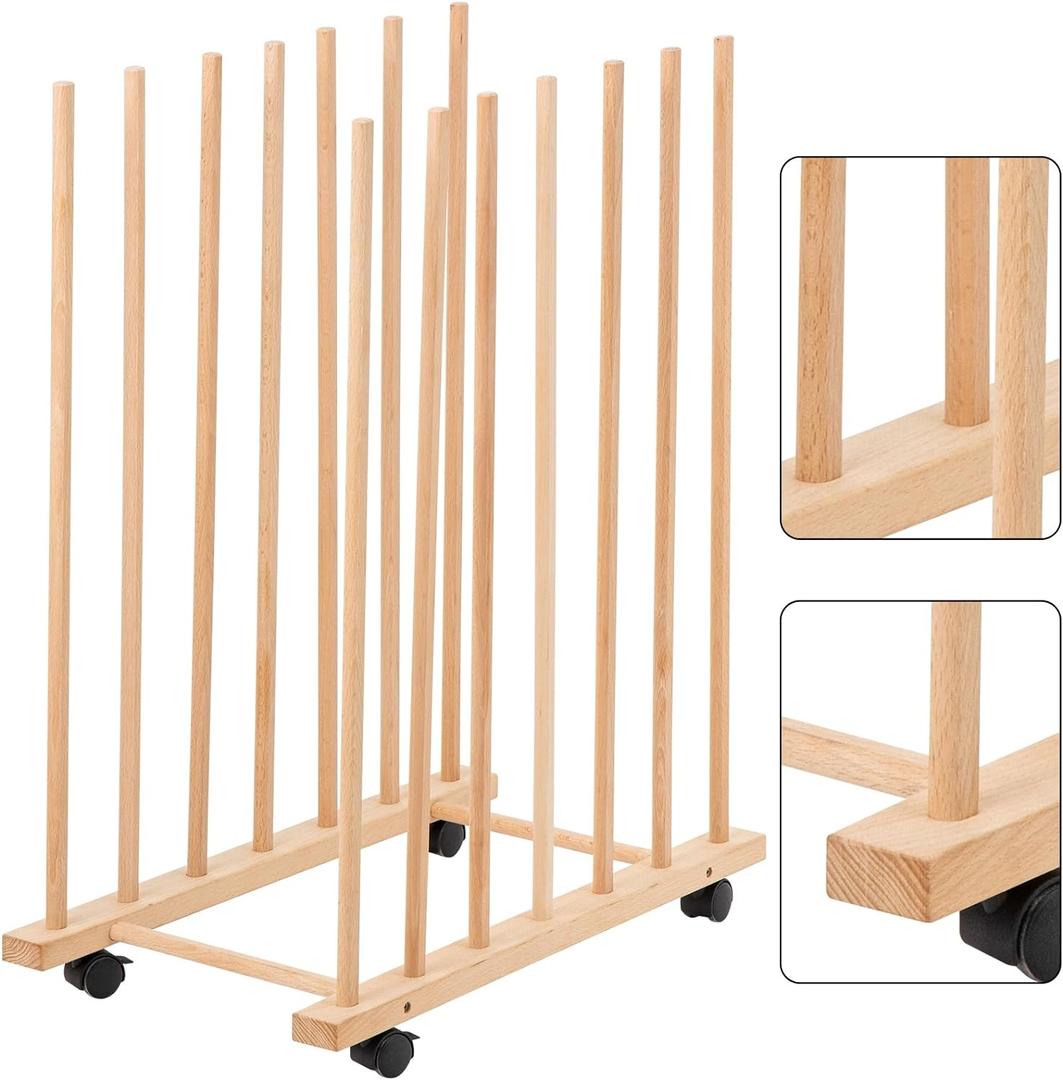 Large Art Storage Rack with Four Caster Wheels - Wooden Canvas Storage Stand Can Well Hold Up to 60" Drawing Boards, Prints, Panels, Paintings, and Artworks Display