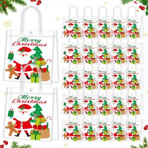 Supervitae 36 Pcs Christmas Santa Claus Clear Gift Bags with Handle Plastic PVC Xmas Tree Gingerbread Goodies Bag Treats Candy Totes for Winter Holiday Party Supplies, 8 x 8 x 3.15 Inch