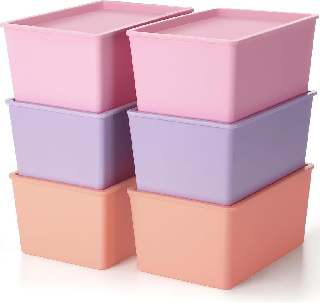 Menkxi 6 Pcs Large Plastic Storage Bins with Lids 14.4 x 10.4 x 5.1 Inch Stackable Storage Containers Durable Box Baskets for Organizing Shelves Playroom Classroom Office (Pink, Purple, Orange)