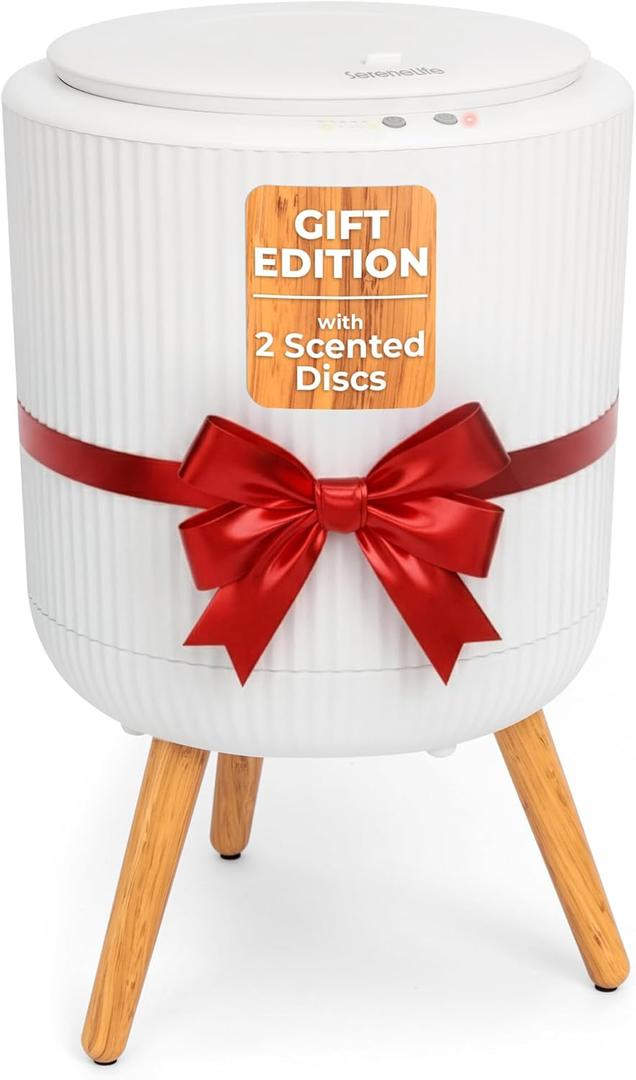 SereneLife Freestanding Towel Warmer 18" Hot Towel Warmer with Legs for Bathroom & Spa, 12L Capacity, Built-In Timer, Aroma Discs & LED Indicator, Fits One Towel or Robe, Gray (White Oak Grain)