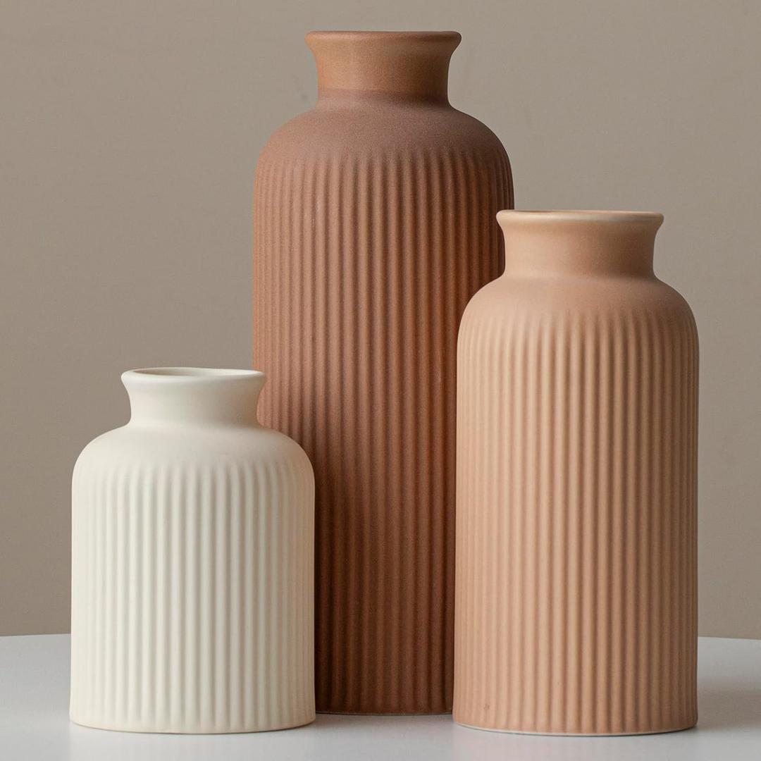 Large Modern Ceramic Vase Set, Coffee Ribbed Matte Design, 3-Piece Decorative Vases for Home, Living Room, Office (XL Coffee Mix)
