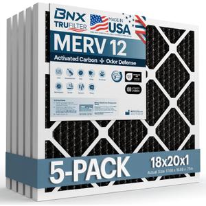 BNX TruFilter 18x20x1 MERV 12 Odor Defense (5-Pack) AC Furnace Air Filter with Activated Carbon - MADE IN USA - Pleated Air Conditioner HVAC AC Furnace Filters - Removes Odor, Mold, Bacteria, Smoke