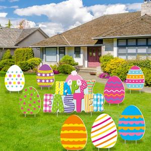 Fovths 9 Pieces Happy Easter Yard Sign Easter Outdoor Lawn Decorations Colorful Eggs Yard Sign with Stakes for Spring Home Yard Lawn Waterproof Party Decor