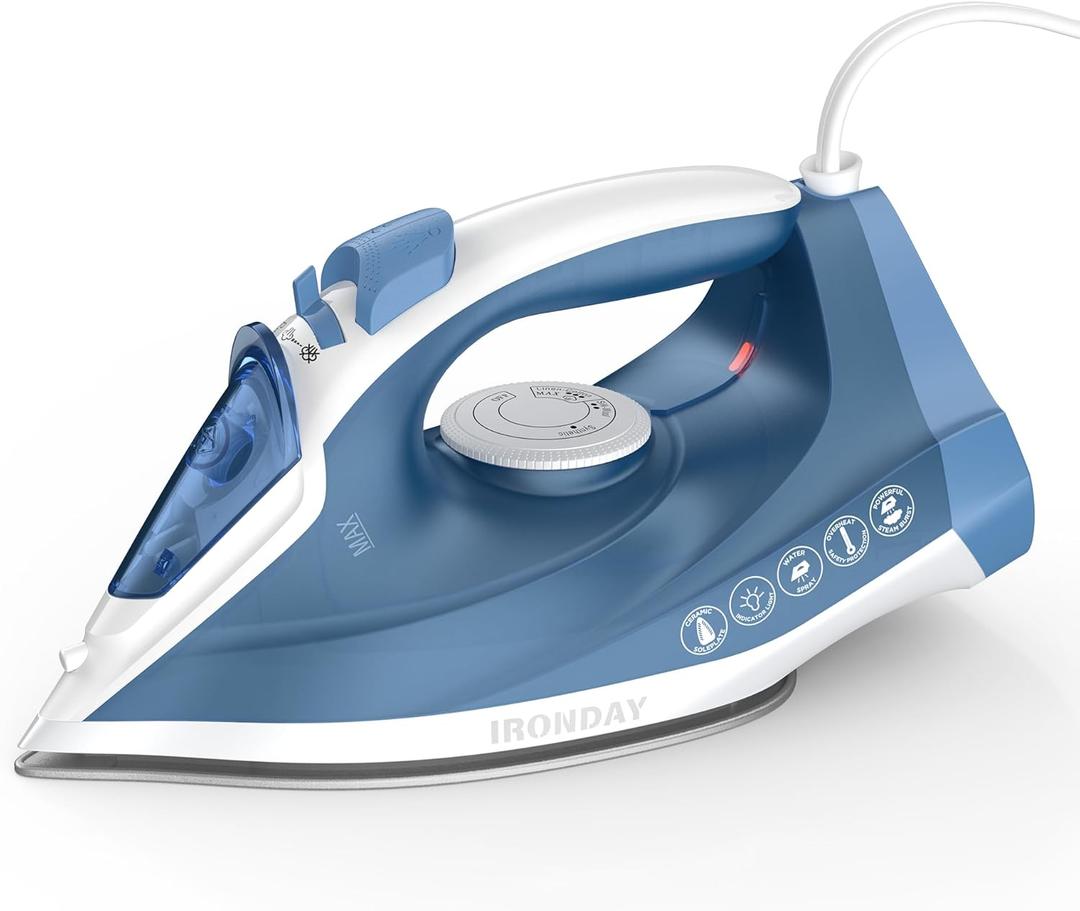 Ironday Steam Iron for Clothes Fast Heating, 1200W Iron with Non-Stick Ceramic Soleplate, Self-Cleaning, Burst of Steam, Spray Mist, 7.03oz Water Tank Ironing Clothes for Home, Blue