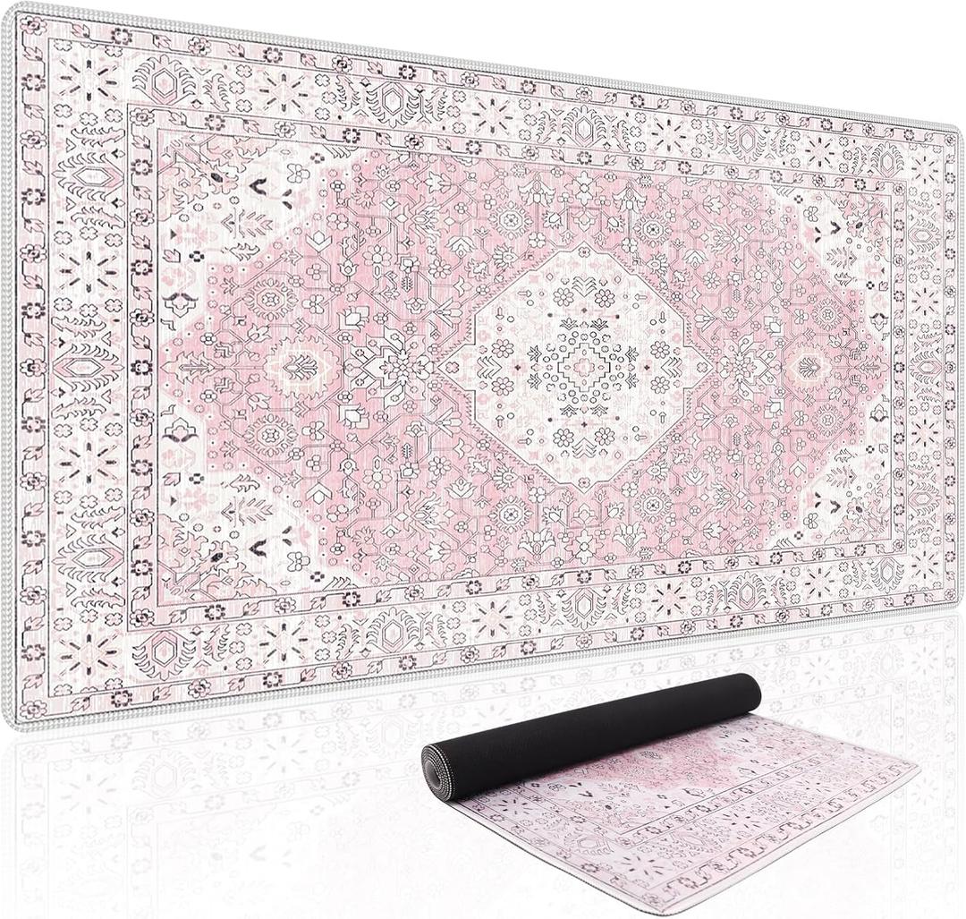 Baziabbo Pink Desk Mat,XXL Extended Large Mouse Pad,Durable Gaming Mousepad with Stitched Edge,Non-Slip Rubber Base Keyboard Desk Pads for Work Home Game, 35.4"L x 15.7"W