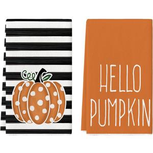 Artoid Mode Orange Polka Dot Stripes Hello Pumpkin Fall Kitchen Towels Dish Towels, 18x26 Inch Farmhouse Decoration Hand Towels Set of 2