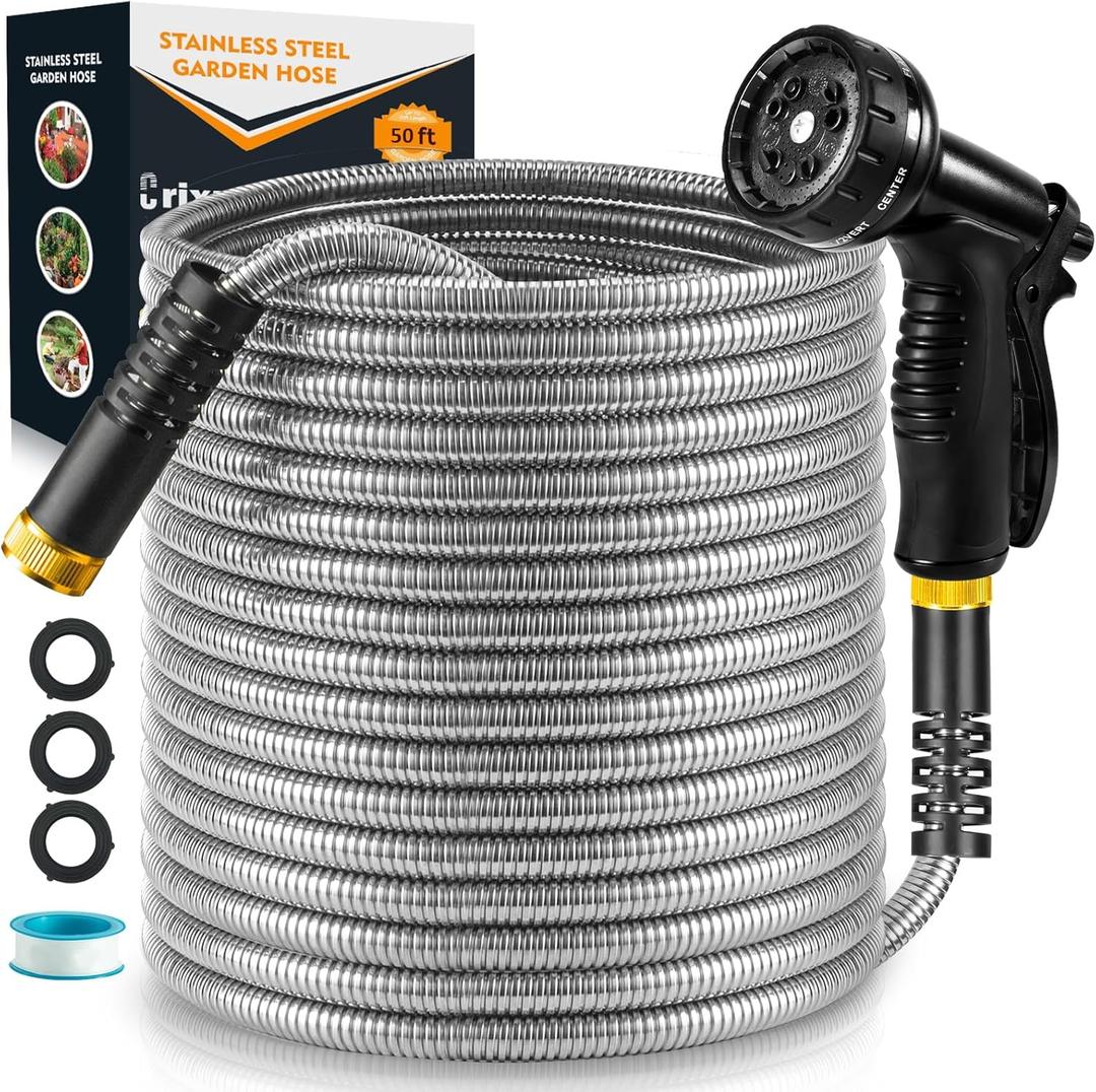 Garden Hose 50 FT, Stainless Steel Heavy Duty Water Hose With 10 Function Nozzles, Flexible No-Kink, Pet-Proof, Puncture-Proof Rust-Proof for Yard, Outdoors